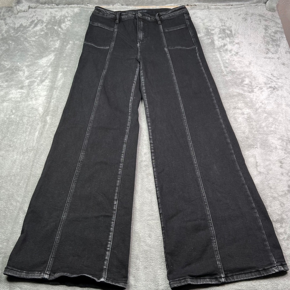 Risen Wide Leg Jeans Womens 15/32 Black Solid Stretch Seam Front Patch Pocket